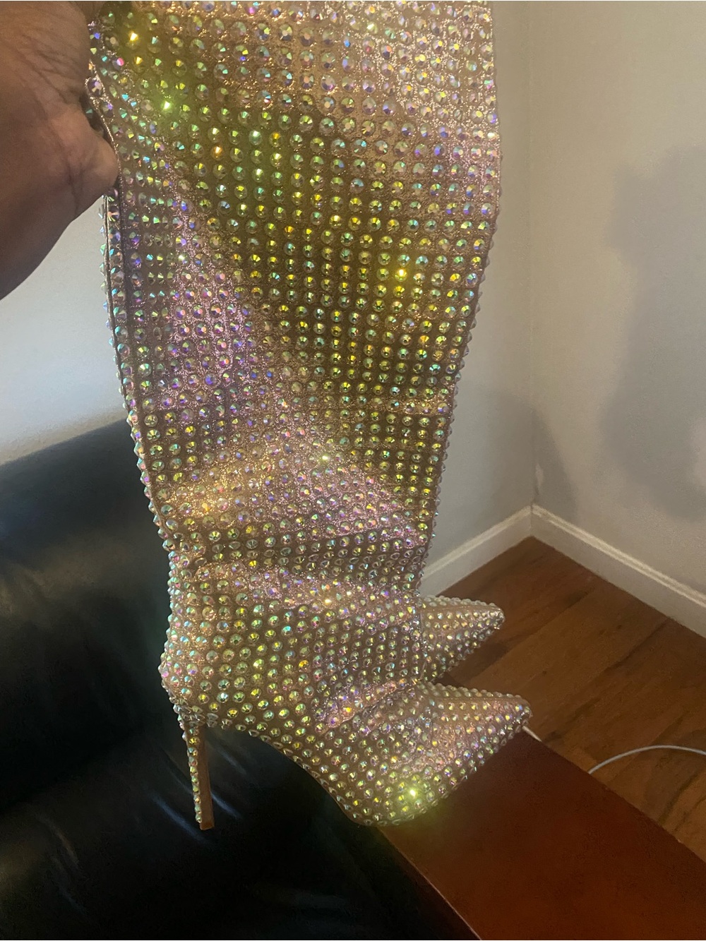 Iridescent Crystal Over-the-Knee Stiletto Boots - Pink